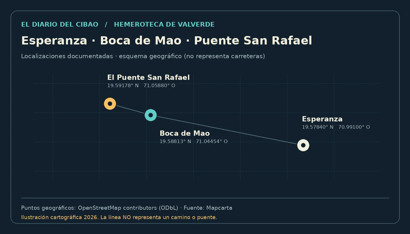Mapa esquemático basado en las coordenadas de Esperanza, Boca de Mao y El Puente San Rafael en Valverde, República Dominicana
